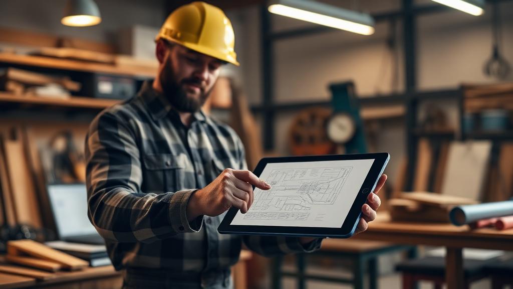 Handwerker nutzt digitales Tablet für Projektplanung in der Werkstatt – digitale Lösungen für Handwerksbetriebe